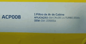 Filtro de Ar TecFil de cabine para Cruze 1.4T
