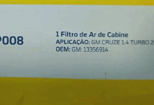 Filtro de Ar TecFil de cabine para Cruze 1.4T